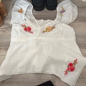 Floral Embroidered White Top